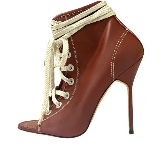 Manolo Blahnik Red Brown Leather Lace-Up Peep Toe Stiletto Heel Pumps 39.5, 9.5 - Picture 1 of 15
